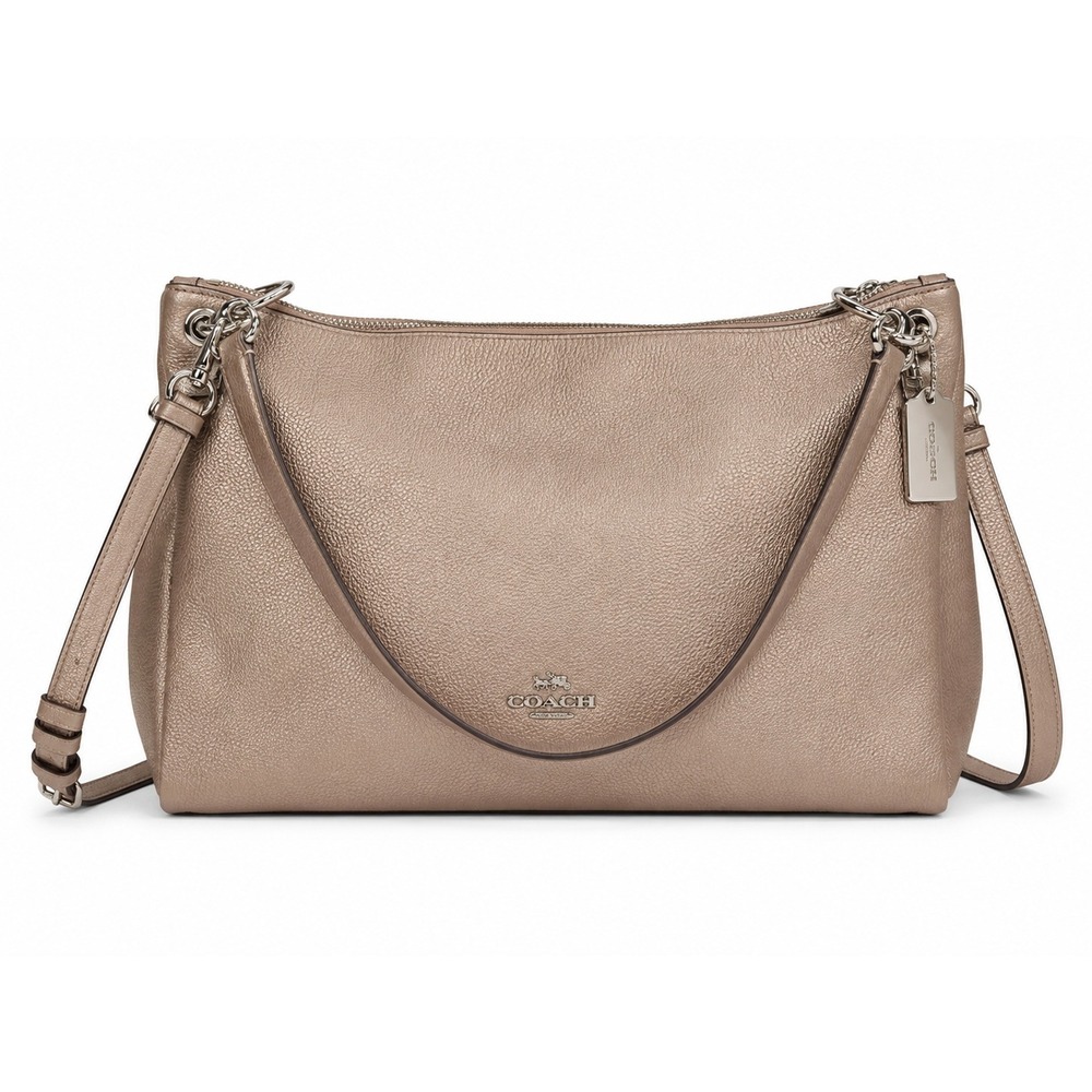 Coach Metallic Taupe Pebbled Leather Shoulder Crossbody Bag Large Purse